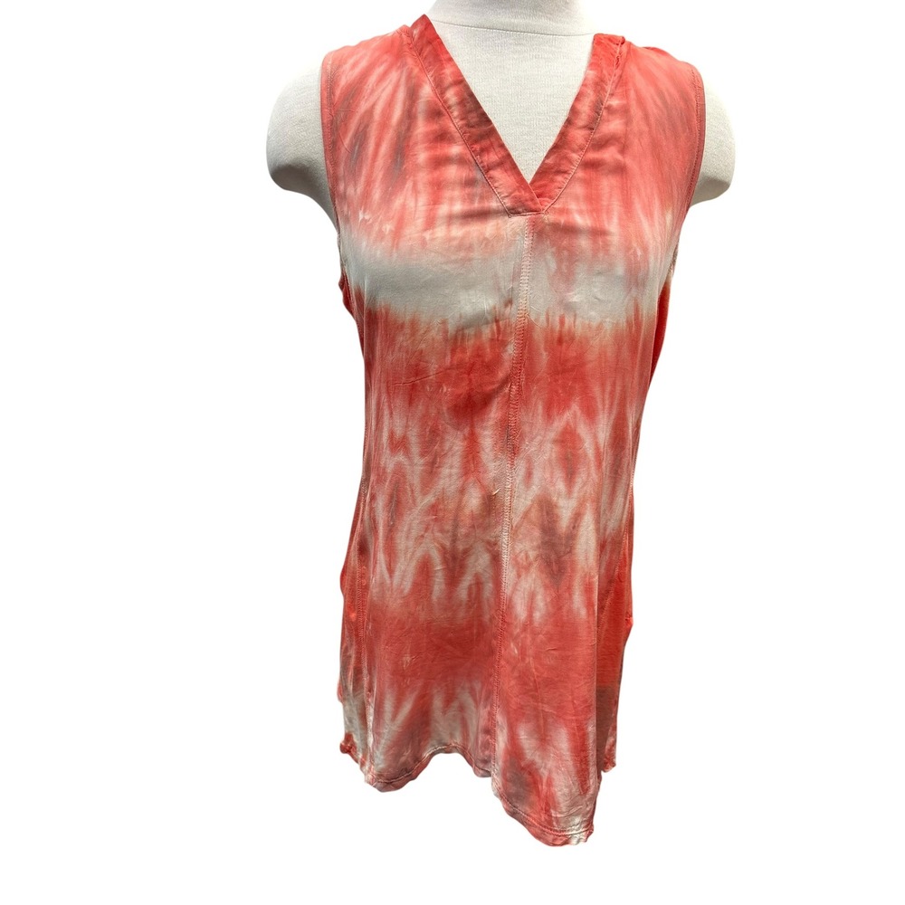 XCVI Tie Dye Sleeveless V Neck Tunic Top Rayon‎ Knit Coral White Stretch M